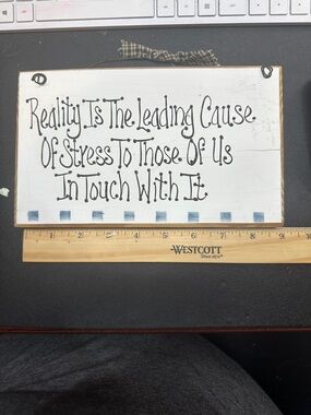 Source Unknown White Wood Wall Sign with Black Lettering and Blue Accents